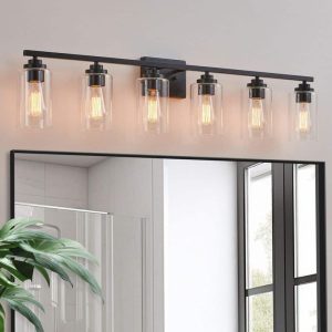 KAWOTI 43.2 in. 6-Light Black Vanity Light with Clear Glass Shades