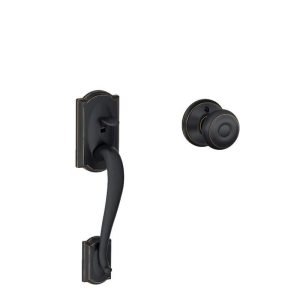 Schlage Camelot Aged Bronze Door Handleset with Georgian Knob and Trim