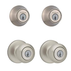Kwikset Cove Satin Nickel Keyed Entry Door Knob & Deadbolt Project Pack SmartKey