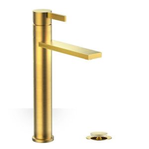 Phiestina 1 Hole Tall Bathroom Faucet, Brushed Gold, Single Handle, Pop Up Drain