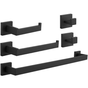 BWE 5-Piece Bath Hardware Set Matte Black 24 in. Towel Bar, Hooks, Ring, Holder