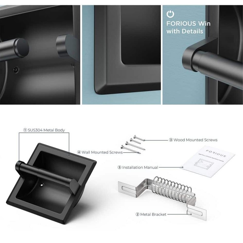 FORIOUS Bathroom Recessed Toilet Paper Holder Wall Mount Black - Image 15