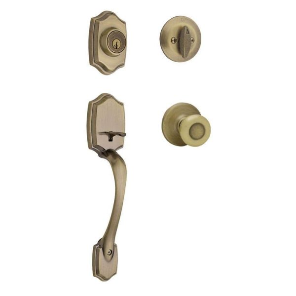 Kwikset Belleview Antique Brass Single Cylinder Handleset w Tylo Knob SmartKey