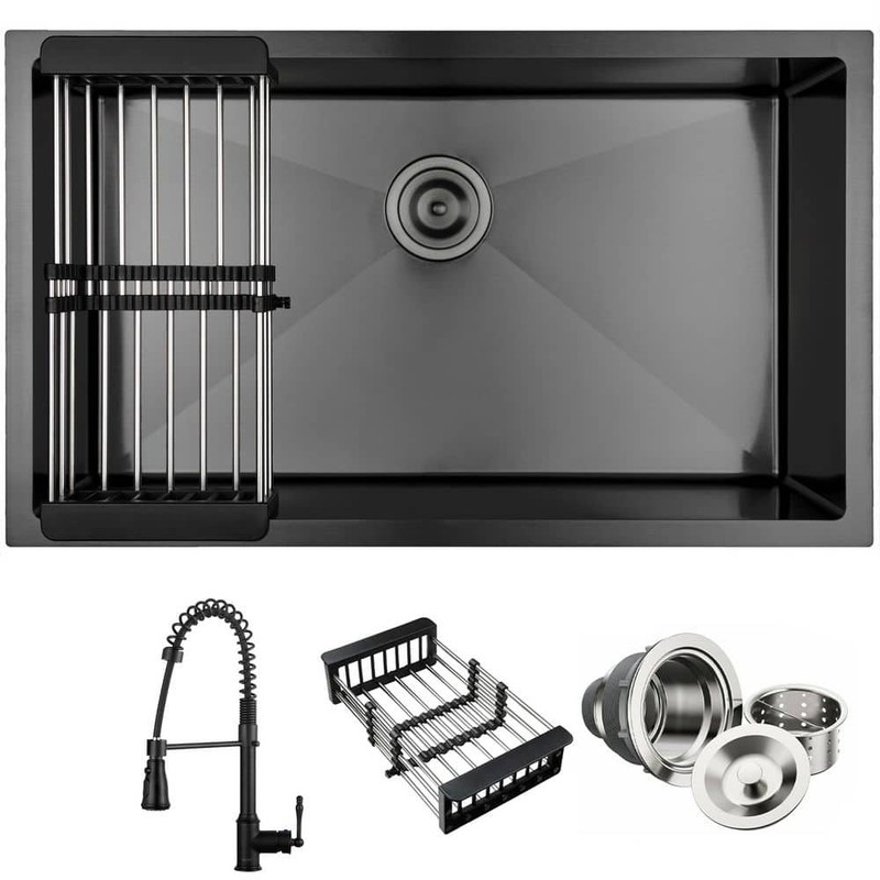 AKDY Matte Black Stainless Steel 32"x19" Undermount Single Bowl Sink with Faucet