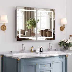 HOMEIBRO 36" W x 30" H Silver Wall Mount LED Lighted Medicine Cabinet Mirror