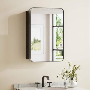 KEONJINN 17" W x 25" H Black Stainless Steel Framed Medicine Cabinet Mirror