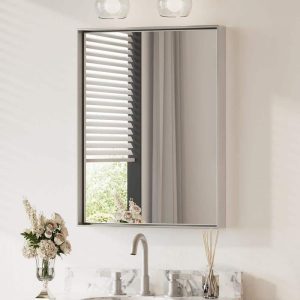 KeonJinn 24x32 Framed Brushed Silver Square Bathroom Vanity Mirror