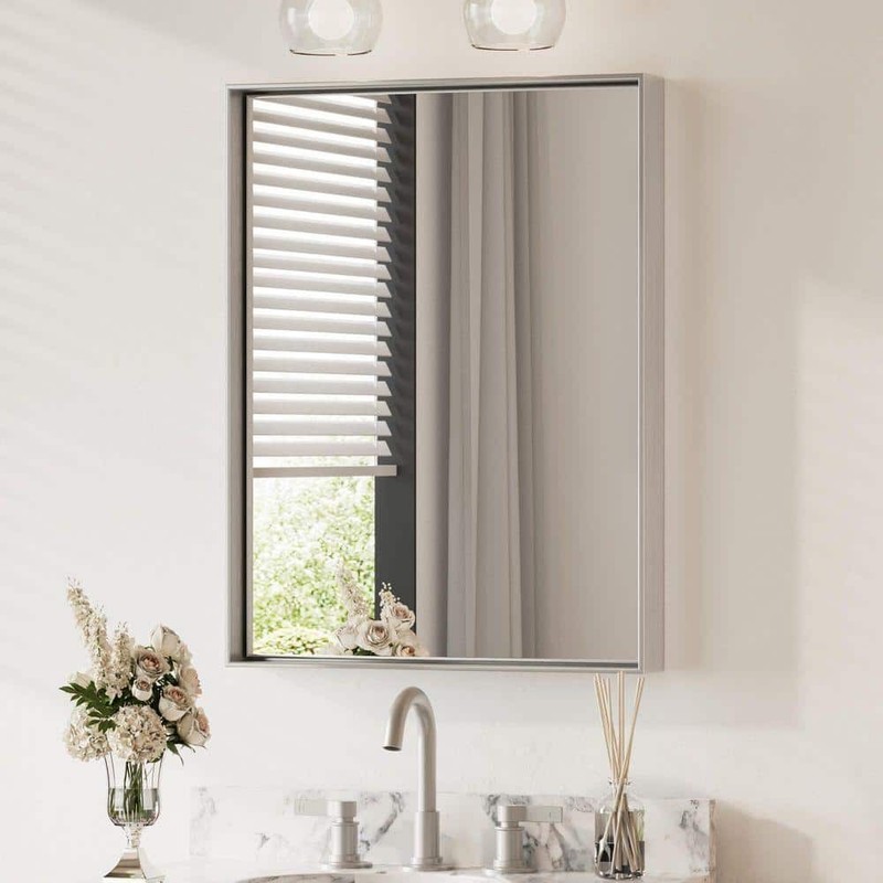 KeonJinn 24x32 Framed Brushed Silver Square Bathroom Vanity Mirror