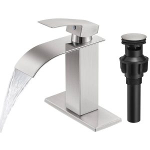 MTTCLE Single Handle Waterfall Bathroom Faucet Brushed Nickel with Deckplate