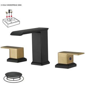 BWE 8 in. Waterfall Widespread 2-Handle Bathroom Faucet Metal Drain Black Gold