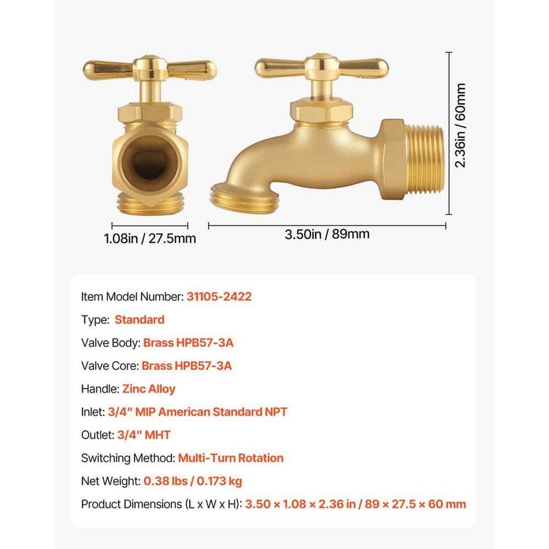 VEVOR 3/4 in. MIP x 3/4 in. MHT Heavy Duty Brass Hose Bibb Valve Set - Image 7