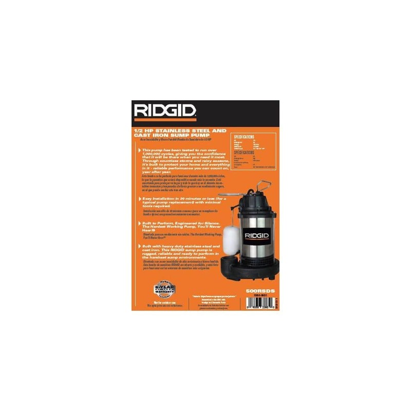RIDGID 1/2 HP Stainless Steel Dual Suction Submersible Sump Pump - Image 2