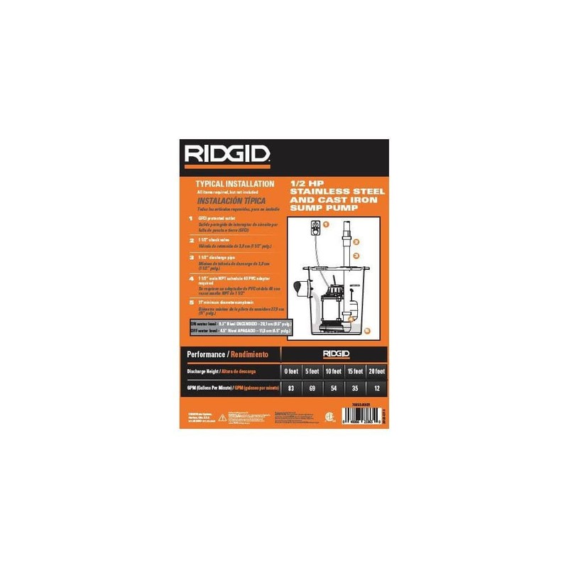 RIDGID 1/2 HP Stainless Steel Dual Suction Submersible Sump Pump - Image 7