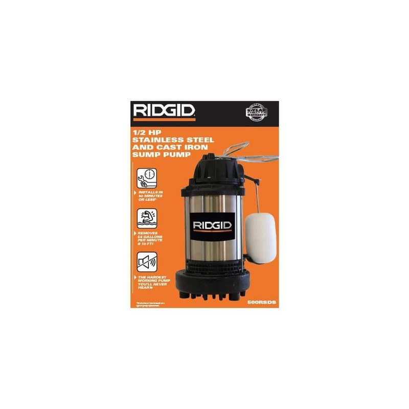 RIDGID 1/2 HP Stainless Steel Dual Suction Submersible Sump Pump - Image 8