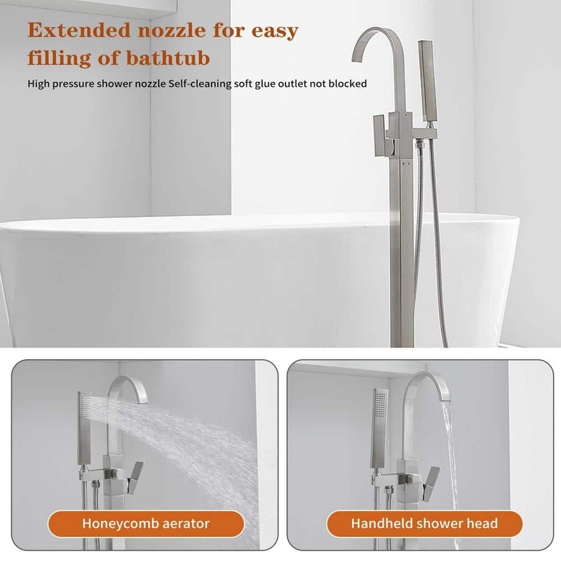 BWE Waterfall Freestanding Tub Faucet Bathtub Filler Brushed Nickel - Image 3