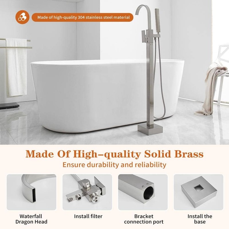 BWE Waterfall Freestanding Tub Faucet Bathtub Filler Brushed Nickel - Image 4