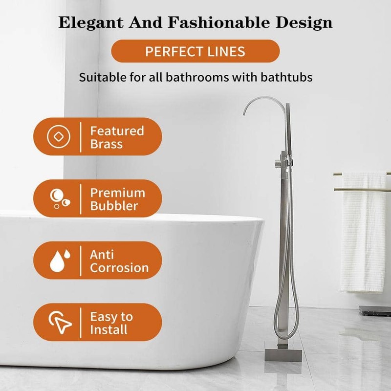 BWE Waterfall Freestanding Tub Faucet Bathtub Filler Brushed Nickel - Image 7