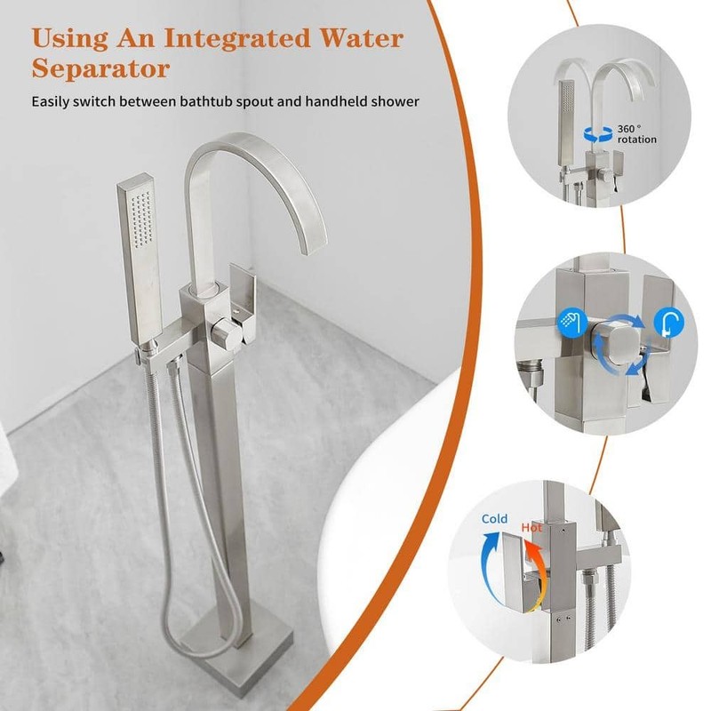 BWE Waterfall Freestanding Tub Faucet Bathtub Filler Brushed Nickel - Image 9