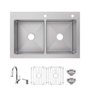 Glacier Bay Dolancourt 33in 50/50 Double Bowl SS Sink w Faucet