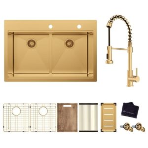 Glacier Bay 33" Gold Stainless Steel Workstation Sink Double Bowl w/ Faucet