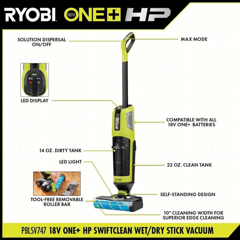 RYOBI ONE+ HP 18V SWIFTClean Wet Dry Stick Mop Vacuum Kit 4.0Ah Battery Charger - Image 3