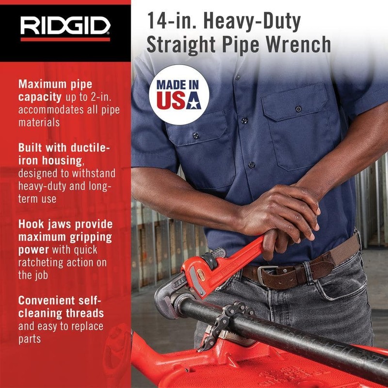 RIDGID 14 in. Straight Pipe Wrench, Heavy-Duty Plumbing Tool, Hook Jaws - Image 2