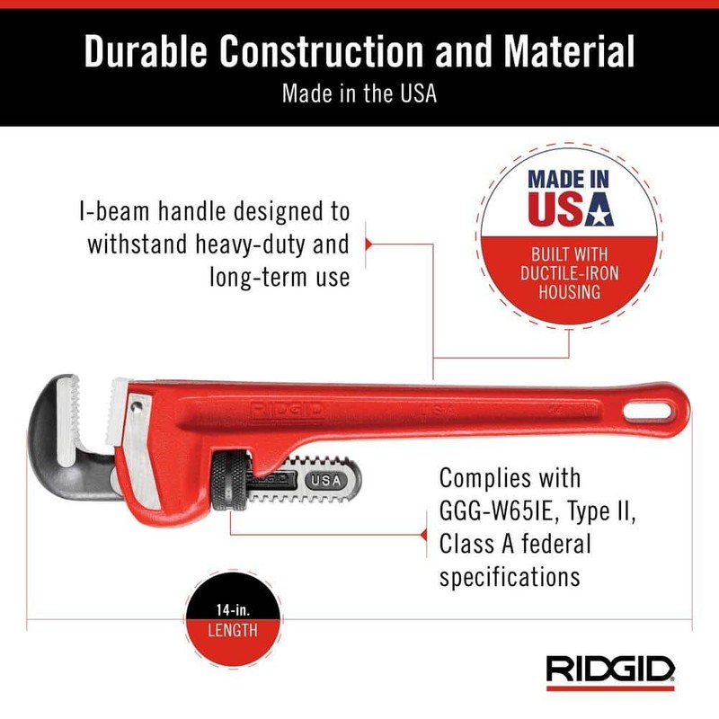 RIDGID 14 in. Straight Pipe Wrench, Heavy-Duty Plumbing Tool, Hook Jaws - Image 4