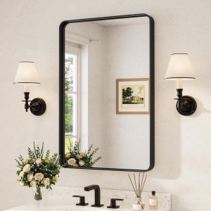 TETOTE 24x36 Modern Rectangular Black Aluminum Framed Bathroom Mirror