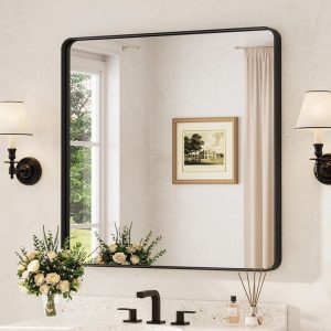 TETOTE 36x36 in. Modern Rectangular Black Aluminum Framed Bathroom Mirror