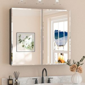 KeonJinn 36" W x 32" H Rectangular Beveled Metal Black Medicine Cabinet