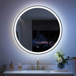 WELLFOR 36x36 Round Framed Anti-Fog LED Bathroom Mirror Matte Black