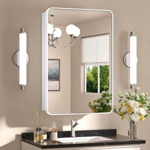 KeonJinn 20" W x 32" H White Stainless Steel Framed Medicine Cabinet with Mirror