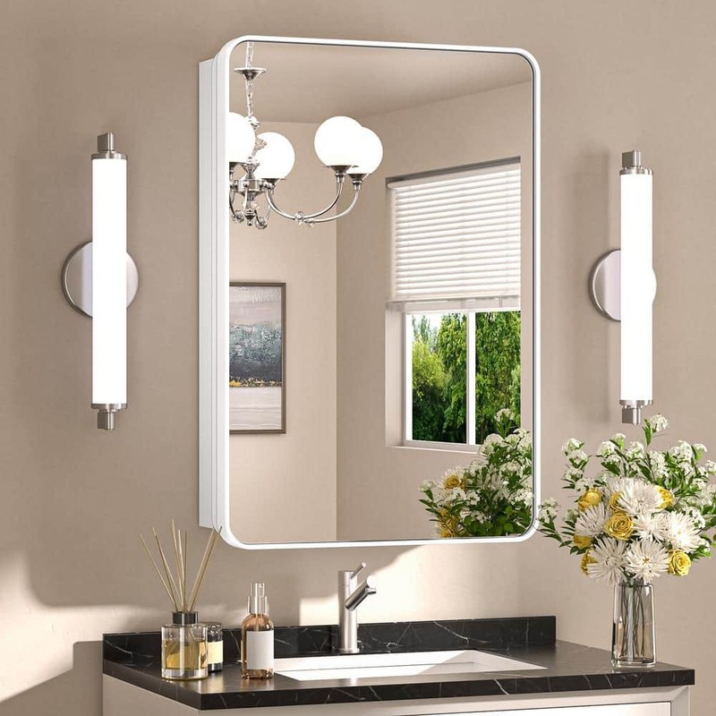 KeonJinn 20" W x 32" H White Stainless Steel Framed Medicine Cabinet with Mirror