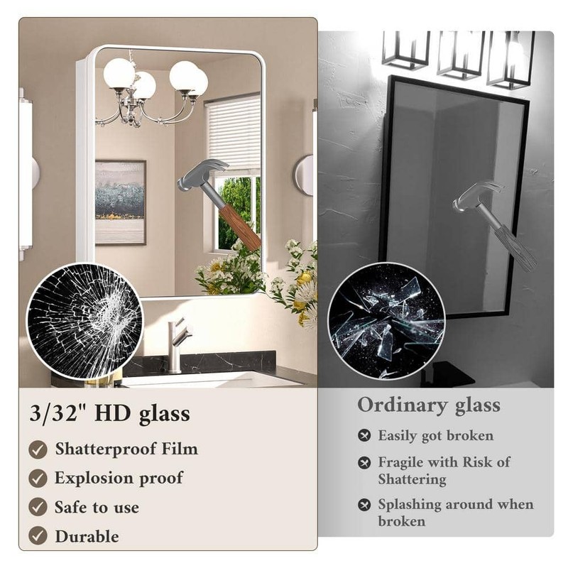 KeonJinn 20" W x 32" H White Stainless Steel Framed Medicine Cabinet with Mirror - Image 7