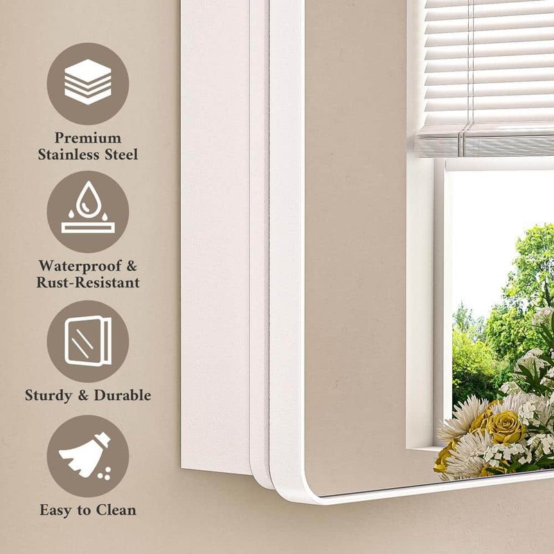 KeonJinn 20" W x 32" H White Stainless Steel Framed Medicine Cabinet with Mirror - Image 8