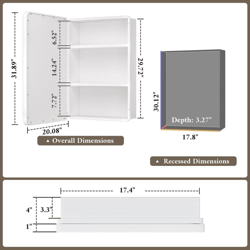 KeonJinn 20" W x 32" H White Stainless Steel Framed Medicine Cabinet with Mirror - Image 9