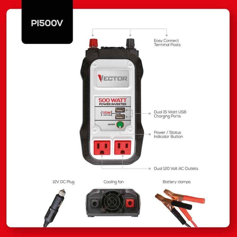 VECTOR 500 Watt Power Inverter, Dual Power Inverter, Two USB Charging Ports - Image 6