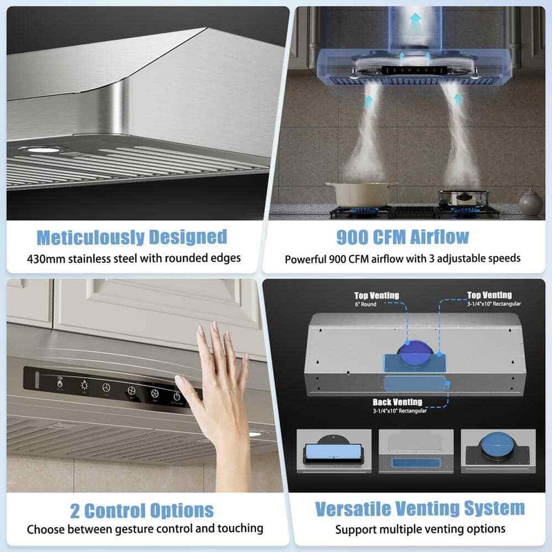 VIKIO 30 in. 900CFM Ducted Under Cabinet Range Hood in Stainless Steel w/3-Way - Image 4