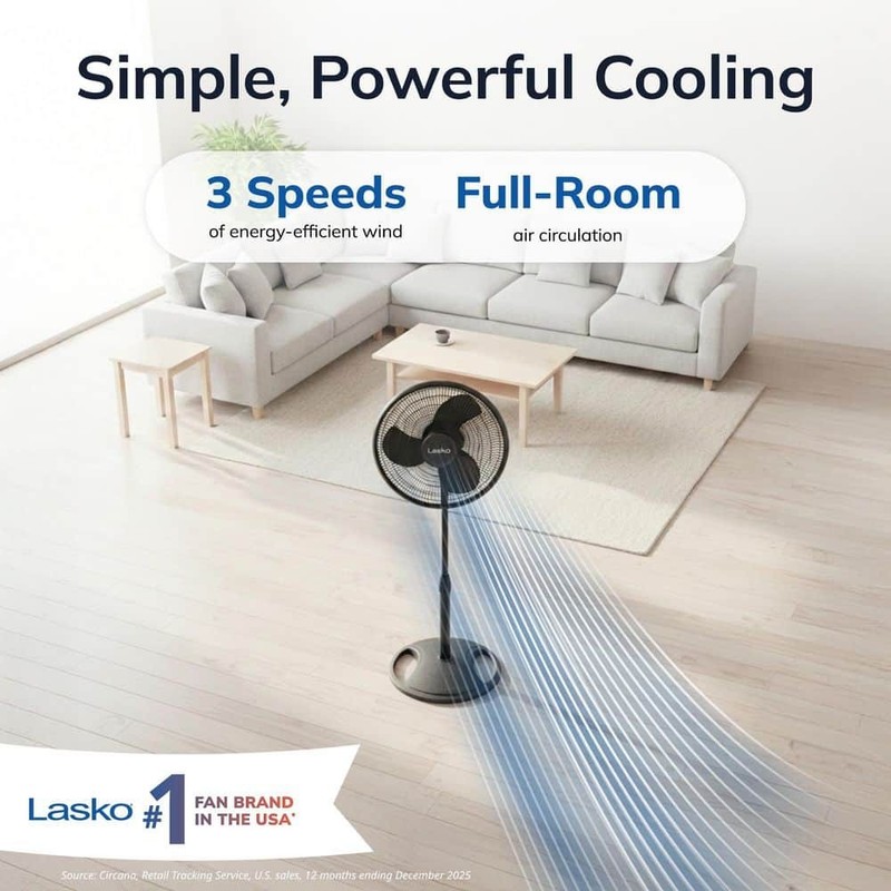 Lasko 16" 3-Speed Oscillating Pedestal Fan Black Adjustable Height Tilt Head - Image 2
