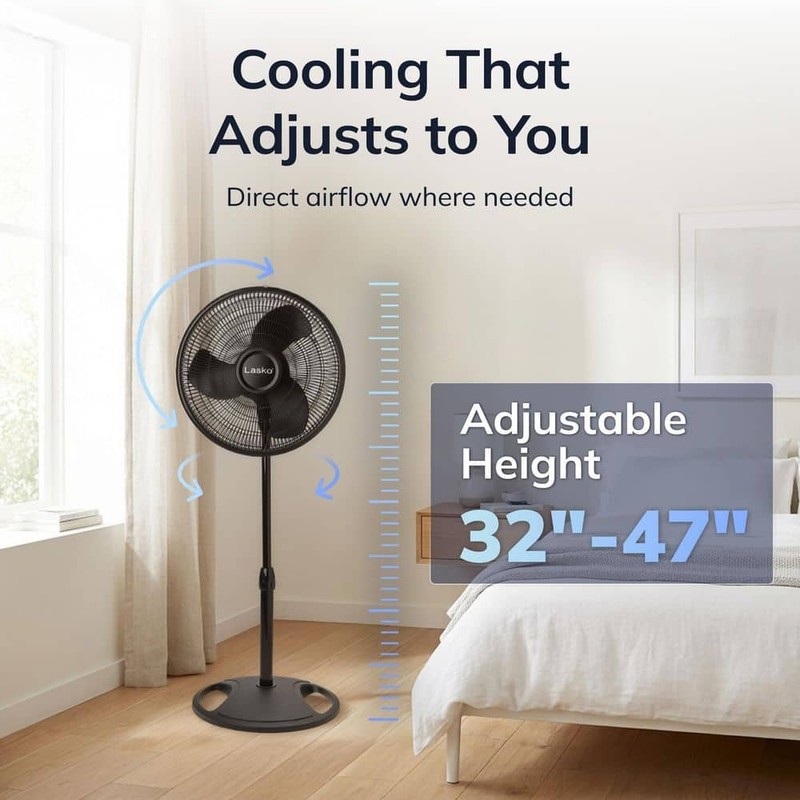 Lasko 16" 3-Speed Oscillating Pedestal Fan Black Adjustable Height Tilt Head - Image 4