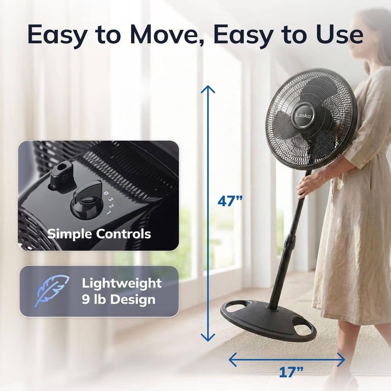 Lasko 16" 3-Speed Oscillating Pedestal Fan Black Adjustable Height Tilt Head - Image 6