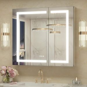 KeonJinn 36" W x 32" H LED Anti-Fog Tempered Glass Medicine Cabinet Silver