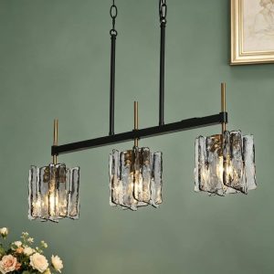 LNC Echonalyri 3-Light Matte Black Brass Chandelier Geometric Glass Shades
