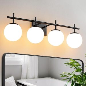 KAISITE 31" 4-Light Matte Black Bathroom Vanity Light Clear White Frosted Glass