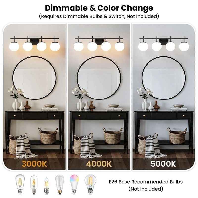 KAISITE 31" 4-Light Matte Black Bathroom Vanity Light Clear White Frosted Glass - Image 6