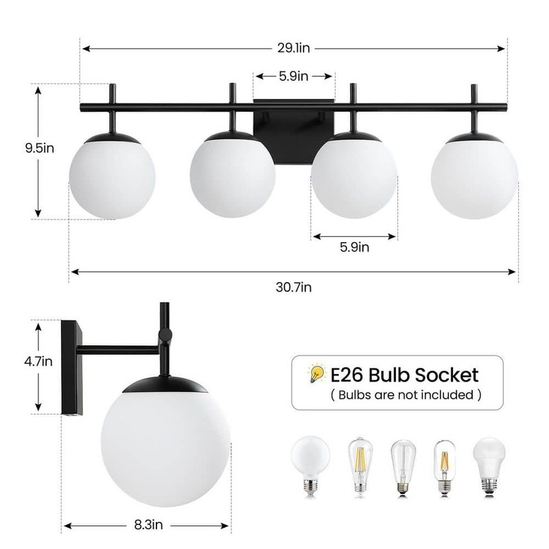 KAISITE 31" 4-Light Matte Black Bathroom Vanity Light Clear White Frosted Glass - Image 9