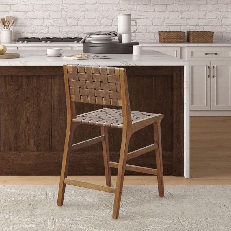 INK+IVY Oslo 24 in. Brown Wood Counter Stool with Faux Leather Woven