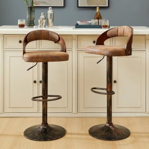 VECELO Bar Stools Set of 2, 24.8 in. Metal Swivel, Bentwood Back, Brown