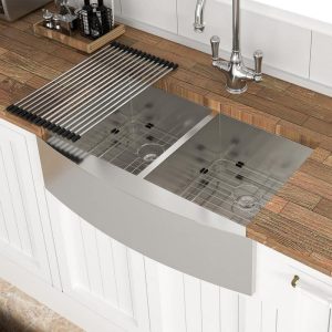 Dueyeeri 36" Farmhouse Double Bowl 16 Gauge Brushed Nickel Stainless Steel Sink