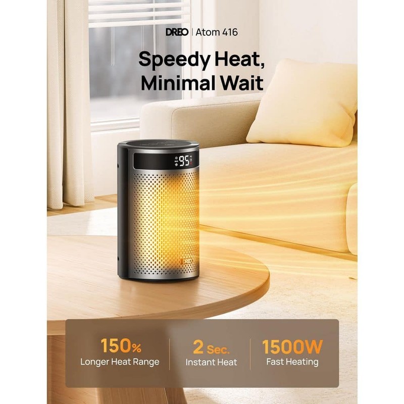 DREO 1500W 9.84 in. Portable Ceramic Electric Convection Space Heater, Silver - Image 2